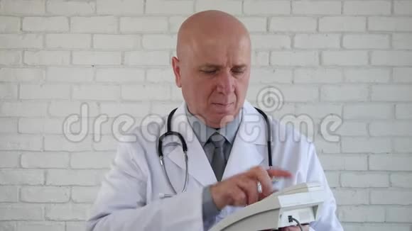 内科医生试着使用医院固定电话视频的预览图