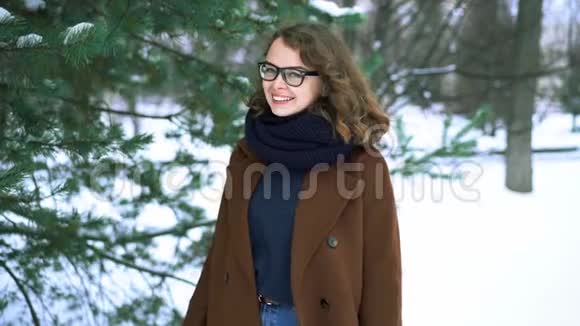 年轻漂亮的时髦女人穿着针织围巾站在公园里微笑冬季时尚视频的预览图