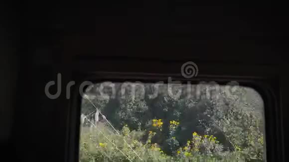 摄像机通过火车车厢拍摄街道从隔间里看到索契从隔间里看视频的预览图