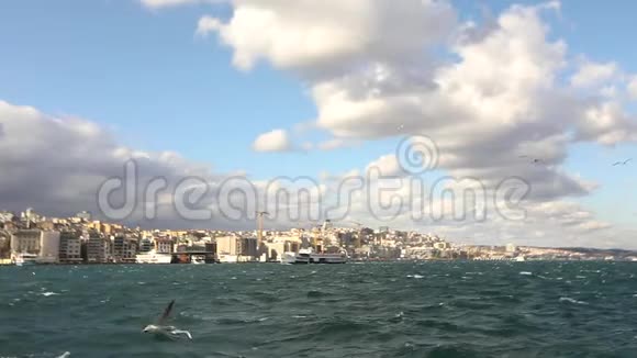 从博斯普鲁斯海峡可以看到伊斯坦布尔的景色海鸥在空中飞翔船只在空中漂浮视频的预览图
