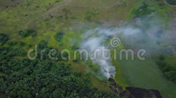 从无人驾驶飞机上拍摄到一场大火接近绿色森林从浓烟中飞过燃烧的绿野野火视频的预览图