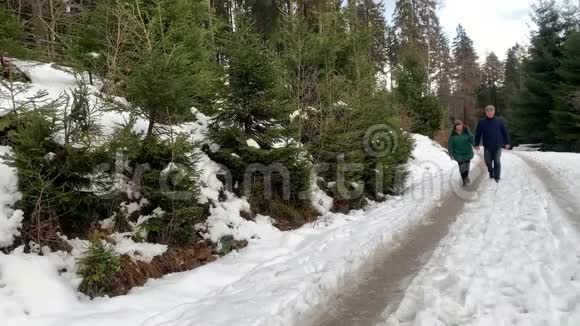 穿着夹克衫的中年妇女和男子在冬天穿过一片雪林牵手享受大自然视频的预览图
