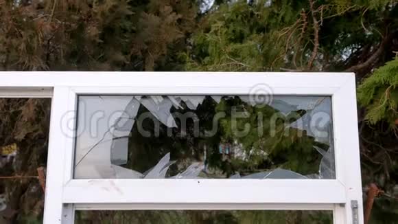在城市公园的树木背景上有破碎玻璃的窗框视频的预览图