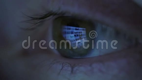 特写女人的眼睛看着显示器用电脑笔记本电脑监视器光线反射在棕色的眼睛里视频的预览图