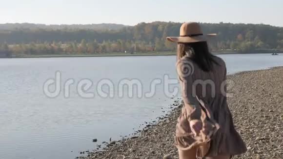 在湖边与狗玩耍的可爱女孩的后景视频的预览图