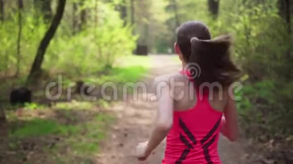 春天阳光明媚的森林里活跃的女人视频的预览图