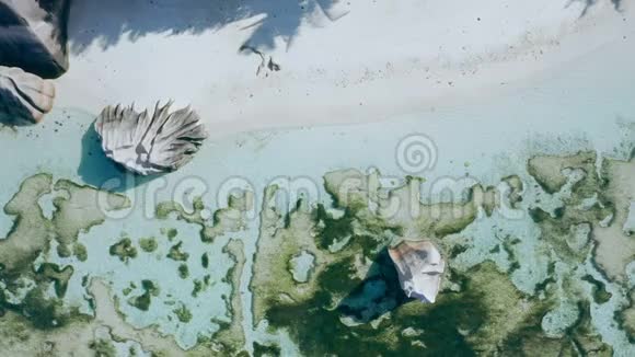 在平静的低潮水中在拉岛上的阿根廷海滩上空中4k自顶向下的视野飞行在史诗般的花岗岩巨石上视频的预览图