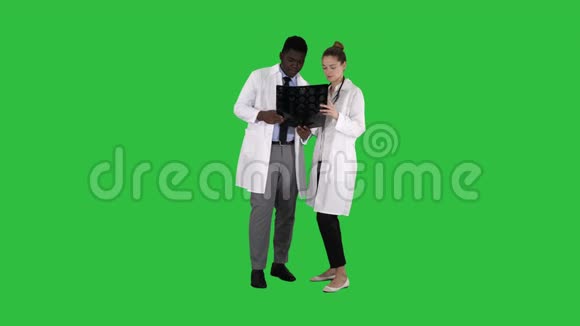严肃善良的女医生和美国黑人医生在绿色屏幕上研究大脑x射线Chroma键视频的预览图