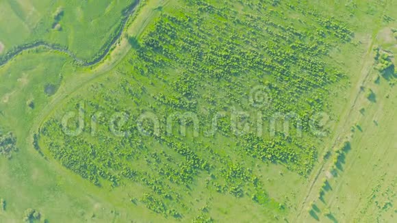 从空中俯瞰绿色草地河流道路和乡村景观视频的预览图