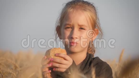 饿孩子在麦田吃面包夏天户外生活方式视频的预览图