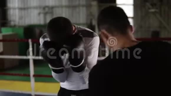 努力保护守护麻雀训练拳击手的两个年轻搭档练习打击技术架子视频的预览图