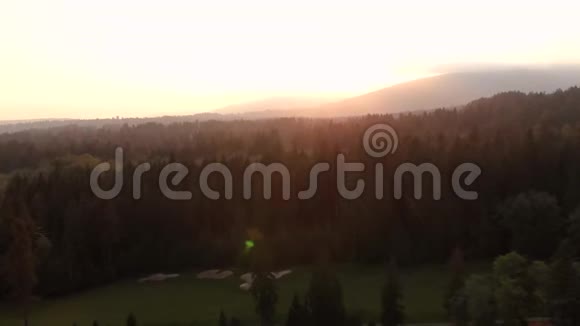 从北温哥华的温哥华直接在一片常绿雨林上看夕阳的空中镜头视频的预览图