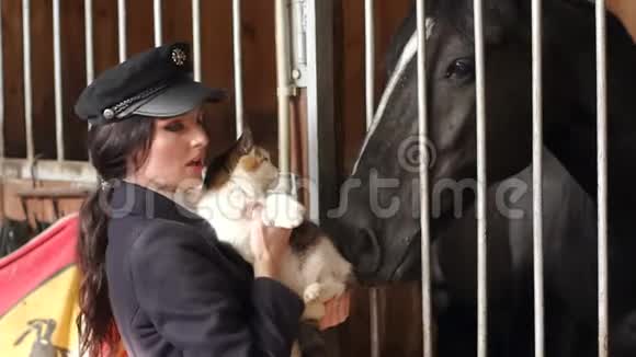 这个迷人的女孩手里拿着一只猫在一匹黑马旁边的马厩里视频的预览图