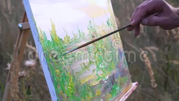 男性艺术家在自然景观中的空地上描绘日落景观画布和画笔动作的近景视频的预览图