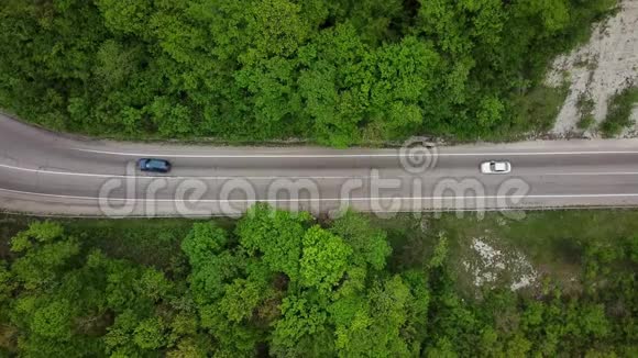 汽车在乡间小路上驶过常绿森林顶部视图视频的预览图