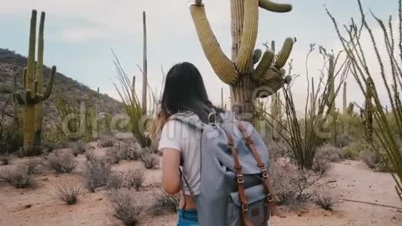 慢动作年轻快乐的旅游妇女带着背包在国家公园拍摄巨大的Saguaro仙人掌的智能手机照片视频的预览图
