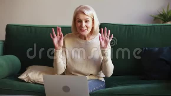 快乐的老太太看着笔记本打视频电话视频的预览图