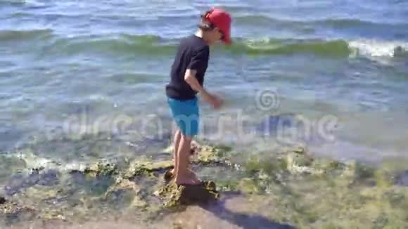 快乐的孩子正在石海上平衡暑假健康的生活方式视频的预览图