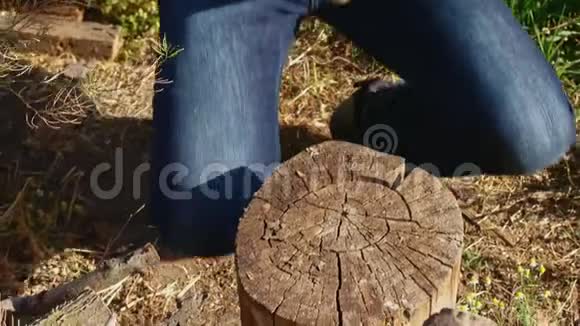 孩子在农场用砍柴斧干活视频的预览图