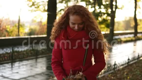 一个快乐的红头女人在秋天的日子里到处扔树叶的肖像秋天的树叶飘落在快乐的年轻女子身上视频的预览图