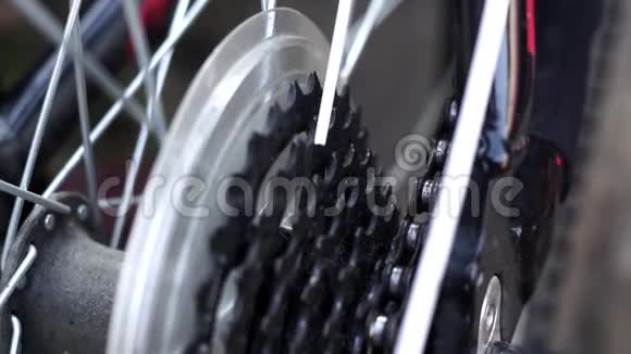 大师们在家庭车间用一种特殊的润滑剂润滑山地自行车的自行车链清洁和清洁视频的预览图