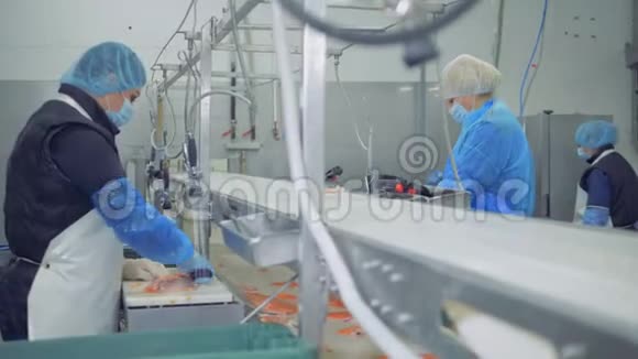工人剁鳟鱼片的工厂单位视频的预览图