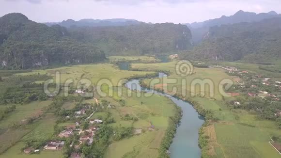 城镇附近蜿蜒河流周围的绿色分段田地视频的预览图