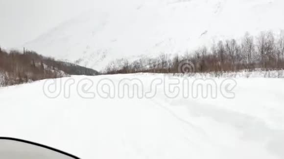 人驾驶着雪车沿着白雪皑皑的道路行驶在树木之间视频的预览图