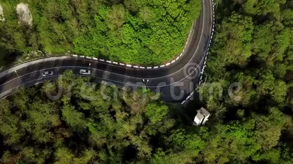 高空俯视图汽车在曲折蜿蜒的道路上行驶穿过山坡上茂密的云杉林视频的预览图