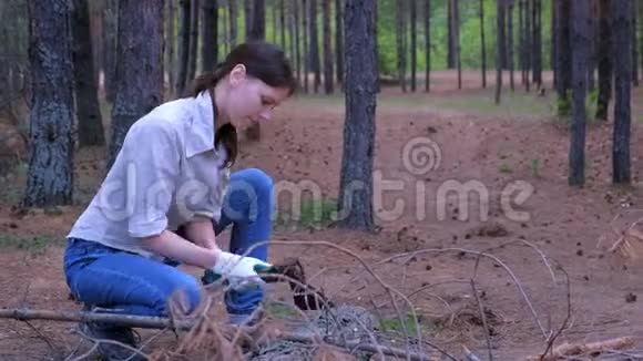 森林野营的年轻女子用斧头砍树干当柴视频的预览图