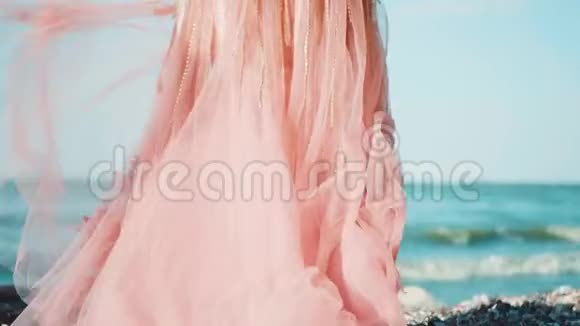 女孩背对着镜头站着她的金发和一条浅长的粉红色发亮的裙子在飞舞视频的预览图