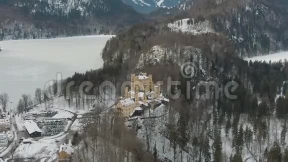 冬季的霍亨什旺高城堡和阿尔佩西湖巴伐利亚德国鸟瞰图视频的预览图