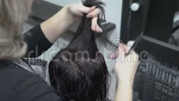 理发师发型师梳和剪剪剪刀湿发女孩谁坐在理发店前的镜子头发护理视频的预览图