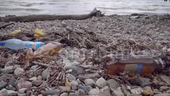 塑料瓶躺在湖面上野生动物污染视频的预览图