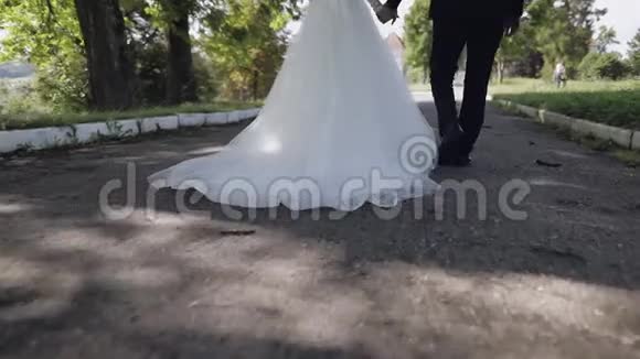 新郎新娘在公园散步新婚夫妇家庭幸福新婚夫妇视频的预览图
