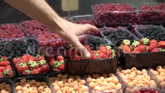 白种人从一盒新鲜成熟的完美水果中取出一个草莓食物背景顶景自然光视频的预览图