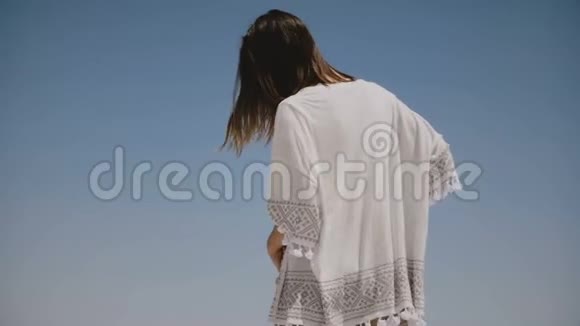 惊人的生活方式肖像美丽快乐的女人摆姿势跳跃与蓝天背景在犹他州盐漠湖视频的预览图