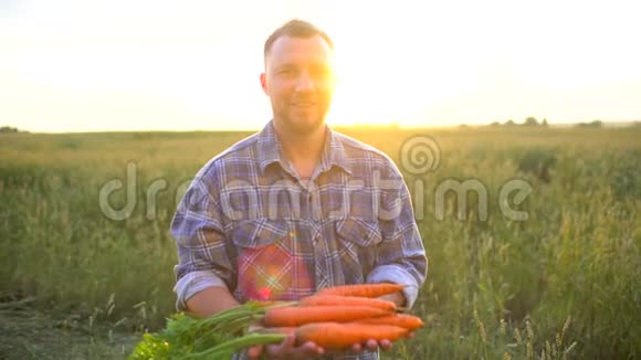 农民手中拿着胡萝卜有机生物制品的肖像概念有机农业农场收获视频的预览图