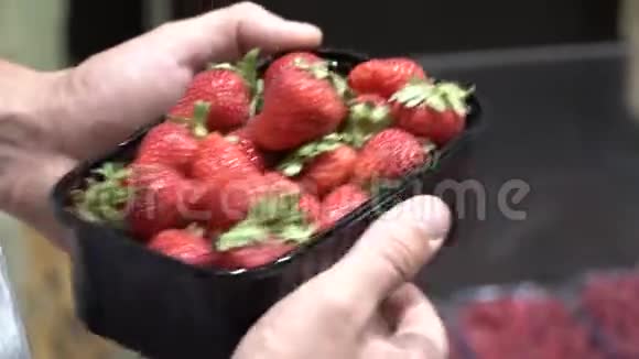 白种人从一盒新鲜成熟的完美水果中取出一个草莓食物背景顶景自然光视频的预览图