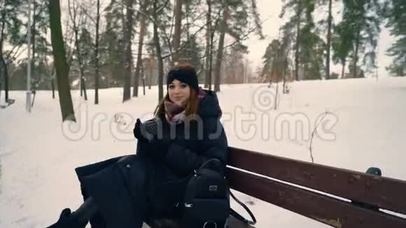 雪域公园里的红姜发女坐在长凳上4K视频的预览图