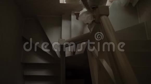 穿着白色长袍的女孩爬上木楼梯视频的预览图