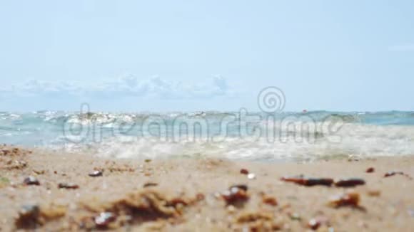 在晴朗的夏日海浪拍打着白沙视频的预览图