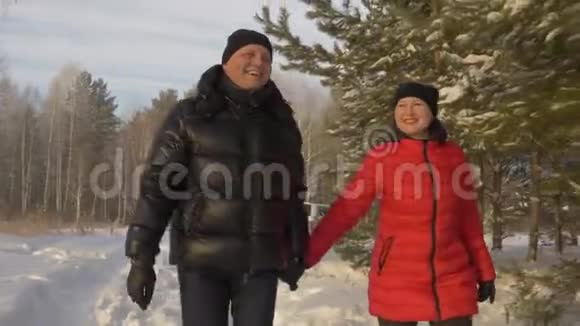 冬季在雪松林中牵着手散步的男女情侣视频的预览图