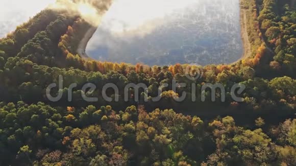 秋天看雾蒙蒙的田园诗般的湖一层雾围绕着视频的预览图