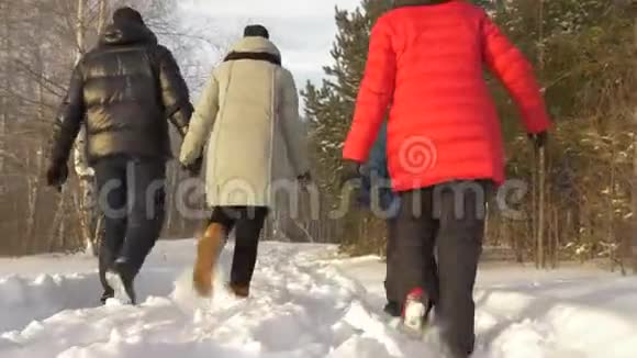 爸爸儿子女儿和妈妈度假时走在冬林的雪道上视频的预览图