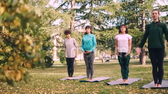 秋日一群女孩正在城市公园户外练习瑜伽女人们站在垫子上向后弯腰视频的预览图