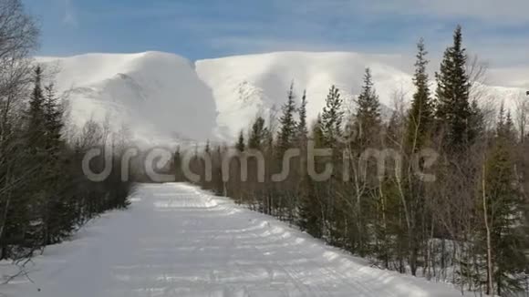 绿色的冬林与群山之间的宽阔道路视频的预览图