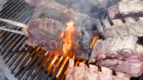 牛肉羔羊肉猪肉的骨头上用木炭烤4k慢速煮熟的各种美味的脂肪有机腌肉视频的预览图