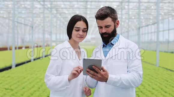 两名实验室技术人员在农控平板温室进行研究他们看着摄像机视频的预览图
