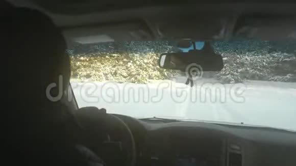 一对夫妇坐着车穿过一片雪林视频的预览图